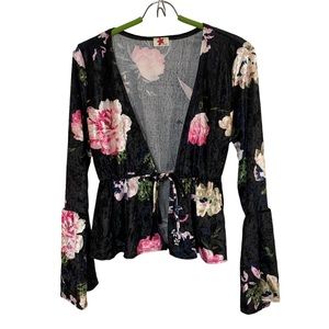 BLUE LEOPARD Rose Print Tie Front Bell Sleeve Crop Top Sz 1X